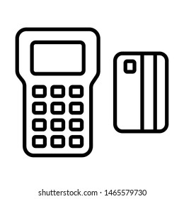 Credit card machine with card. Card payment. Stroke outline style. Vector. Isolate on white background.