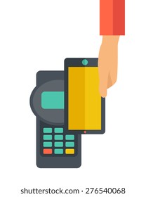 Máquina de tarjetas de crédito y smartphone para la compra de Internet. Un estilo contemporáneo. Ilustración de diseño plana vectorial con fondo blanco aislado. Diseño vertical