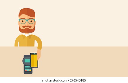 Uma máquina de cartão de crédito e smartphone como uso para compras na internet.  Um estilo Contemporâneo com paleta pastel, fundo bege suave. Ilustração de design plano vetorial. Layout horizontal com texto