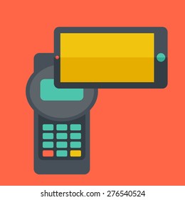 Máquina de tarjetas de crédito y smartphone para la compra de Internet. Un estilo contemporáneo con una paleta pastel y un fondo suave de color naranja. Ilustraciones de diseño plano vectorial. Diseño cuadrado con texto