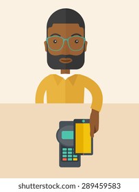 Ein Kreditkartenautomat und Smartphone wie zum Internet-Shopping.  Ein zeitgenössischer Stil mit Pastellfarben, beigem Hintergrund. Vektorflache Design-Illustration. Vertikal, Layout.