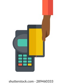 A credit card machine and smartphone as use for internet shopping. A contemporary style. Vector flat design illustration with isolated white background. Vertical layout