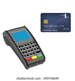 Credit card machine and credit card vector illustration. Credit card machine. Credit card scanner. Bank system