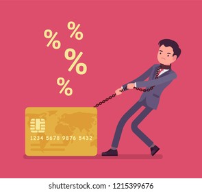 Credit card and male cardholder percentage rate problem. Man frustrated with heaviest card debt burden, consumer in difficult financial situation unable to pay. Vector flat style cartoon illustration