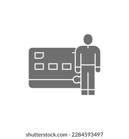 Credit card with man, identification card grey fill icon. Shopping, online banking, finance symbol design.