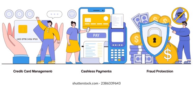 Credit card management, cashless payments, fraud protection concept with character. Payment security abstract vector illustration set. Contactless transactions, secure banking, fraud prevention.