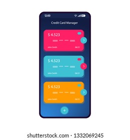 Credit card manager smartphone interface vector template. Mobile app page blue gradient design layout. E-wallet, online banking screen. Flat UI for application. Balance management. Phone display