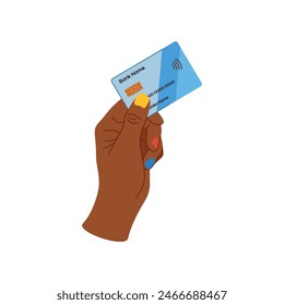 Credit card in mans hand with painted nails isolated on a white background. Male manicure, trendy nails. Vector illustration. Black-skinned, african man, diversity.