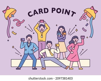 Credit card marketing poster. People who enjoy using card points. flat design style vector illustration.