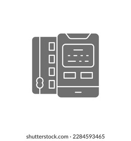 Credit card with mobile phone, debit payment, online shopping, online payment grey fill icon. Shopping, online banking, finance symbol design.