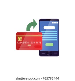 Credit card and mobile phone showing payment process of goods on website. Online bill pay concept. Modern banking technologies. Flat vector icon