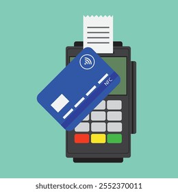 Credit card with mobile and pos terminal for payment isolated. Nfc pay. Icon of contactless pay with help smartphone or debit card. Tap machine in processing. Vector.