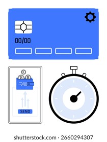 Kreditkarte, mobile Transaktionsschnittstelle und Stoppuhr präsentieren das Thema der schnellen und sicheren digitalen Zahlungen. Ideal für Finanztechnologie, Online-Transaktionen, Cybersicherheit, E-Commerce, Zeit