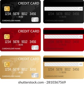 Credit card mockup set with gold chip magnetic stripe number cardholder name dark red beige template isolated