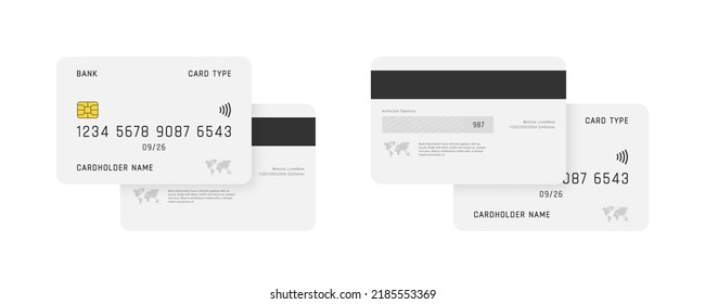 Credit card mockup. Set of plastic debit or credit cards in front and back view. Credit card design template. Vector