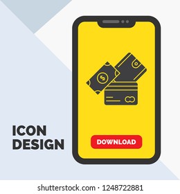 credit card, money, currency, dollar, wallet Glyph Icon in Mobile for Download Page. Yellow Background