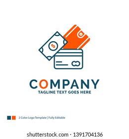 credit card, money, currency, dollar, wallet Logo Design. Blue and Orange Brand Name Design. Place for Tagline. Business Logo template.