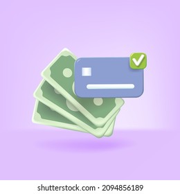 Credit card, money green dollars, check mark. Realistic 3d design in cartoon style. Creative concept Trade cash back. Shopping time. Vector illustration