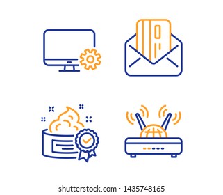 Credit card, Monitor settings and Cream icons simple set. Wifi sign. Mail, Service cogwheel, Best lotion. Internet router. Business set. Linear credit card icon. Colorful design set. Vector