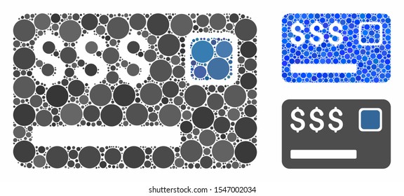 Credit card mosaic of filled circles in different sizes and color tints, based on credit card icon. Vector filled circles are composed into blue collage.