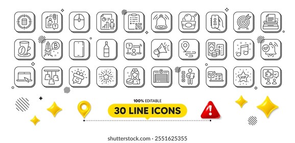 Credit card, Nurse and Coffee cup line icons pack. 3d design elements. Smile, Puzzle, Business report web icon. Voting ballot, Qr code, Vip star pictogram. Vector