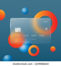 A credit card on an abstract blue background. Transparent map with highlights in the style of glassmorphism. Vector illustration.