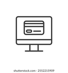 Tarjeta de crédito en la computadora, icono en diseño de línea. Crédito, tarjeta, computadora, pago, en línea, compras, banca en el Vector de fondo blanco. Tarjeta de crédito en la computadora editable icono de golpe