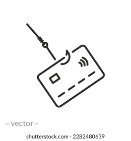 Kreditkarte auf einem Angelhaksymbol, Online-Zahlungsbetrug, Betrug oder Korruption im Internet, Hacker stiehlt Geld, Dünnzeilensymbol auf weißem Hintergrund - bearbeitbare SchlagVektorgrafik