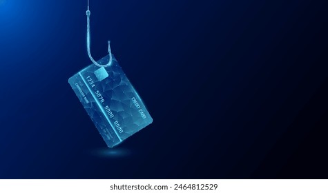 Credit card on fishing hook in transparent form polygon. Money trap as bait. Business metaphor. About debt and making unrealistic profits investment finance. Banner vector with copy space for text.