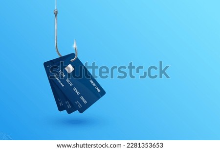 Credit card on the fishing hook with copy space for text. Money trap as bait. Investment finance concept. Business metaphor. About debt and making unrealistic profits. 3D vector