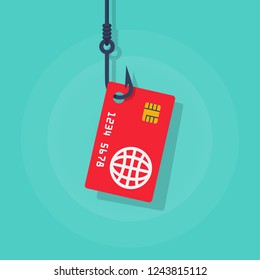 Credit card on a hook. Theft of bank data. Credit card fraud. Phishing concept. Fishing hook. Vector illustration flat design. Isolated on background.