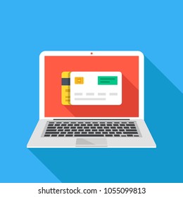 Credit card on laptop screen. Notebook and white plastic card. Online payment, pay online concepts. Modern flat design graphic elements. Vector illustration