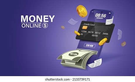 The credit card on mobile phone and banknote comes out of mobile on purple background.digital wallet concept vector illustration.Concept of spending money online through the internet