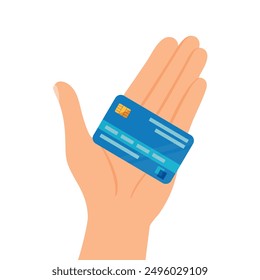 Credit card on an open palm. Hand with credit card. Payment, purchase or transaction concept. Vector illustration