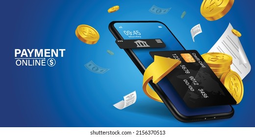 The credit card is on the smartphone and there are coins around it.Mobile payment concept without ATM or bank.
Cashback via mobile application or via credit card.
Paying bill using mobile phone bill.