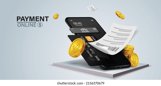 The credit card is on the smartphone and there are coins around it.Mobile payment concept without ATM or bank.
Cashback via mobile application or via credit card.
Paying bill using mobile phone bill. - Shutterstock ID 2156370679