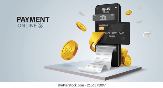 The credit card is on the smartphone and there are coins around it.Mobile payment concept without ATM or bank.
Cashback via mobile application or via credit card.
Paying bill using mobile phone bill. - Shutterstock ID 2156371097