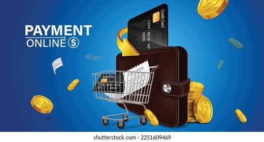 The credit card is on the smartphone and there are coins around it.Mobile payment concept without ATM or bank. Cashback via mobile application or via credit card. Paying bill using mobile phone bill.