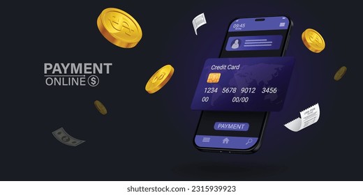 The credit card is on the smartphone and there are coins around it.Mobile payment concept without ATM or bank.
Cashback via mobile application or via credit card.
Paying bill using mobile phone bill.