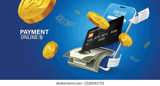 The credit card is on the smartphone and there are coins around it.Mobile payment concept without ATM or bank. Cashback via mobile application or via credit card. Paying bill using mobile phone bill.