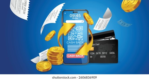 The credit card is on the smartphone and there are coins around it.Mobile payment concept without ATM or bank. Cashback via mobile application or via credit card. Paying bill using mobile phone bill.