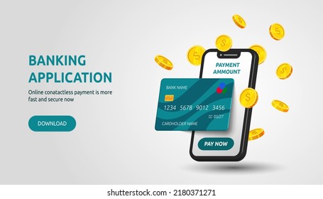 tarjeta de crédito. Pago bancario en línea para la aplicación de telefonía móvil. Banner web de la aplicación de financiación bancaria en línea. Cartera digital. Transferencia móvil financiera. Concepto de pago por smartphone. Plantilla de vector