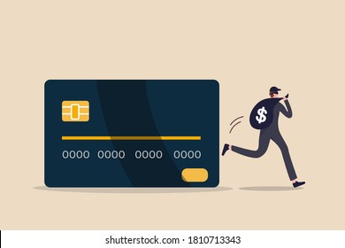 Credit card online hacking, online hacking or financial robbery concept, young mysterious thief with dark black robbery running with big bag with dollar sign money sign from credit card online payment