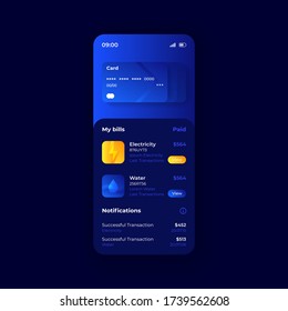 Credit card online management smartphone interface vector template. Mobile app page dark blue design layout. Banking account screen. Flat UI for application. Paid utility bills. Phone display