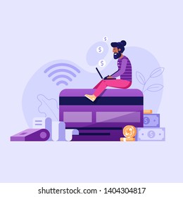 Credit Card Online Payment Concept With Modern Man Using Laptop To Pay, Money Terminal, And Bill. Fintech Illustration In Flat Design.