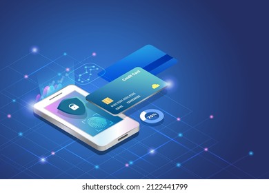 Credit Card Online Payment With Fingerprint Scanning, Secure Transaction On Smart Phone. Financial Security In Digital Online And Global Network Connecting, Cyber Security Technology.