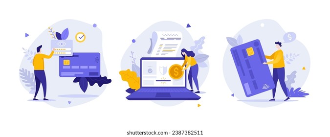 Credit card for online payment flat concept vector illustrations set. Digital banking service cartoon composition. Financial assets safety creative idea for website, mobile, presentation