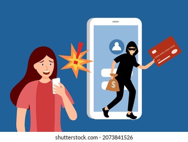 Credit Card Online Payment Scam Concept. Internet Hacker Stealing Money Cybercrime From Smartphone Payment App. Woman Panic After Money Stolen Via Mobile App.