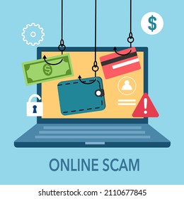 Credit Card Online Payment Scam Concept. Internet Phishing Hacker Stealing Money Cybercrime From Computer Payment Website.