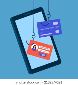 Credit Card Online Payment Scam Concept. Internet Phishing Hacker Stealing Money And Account From Smartphone Payment App. Cybercrime.